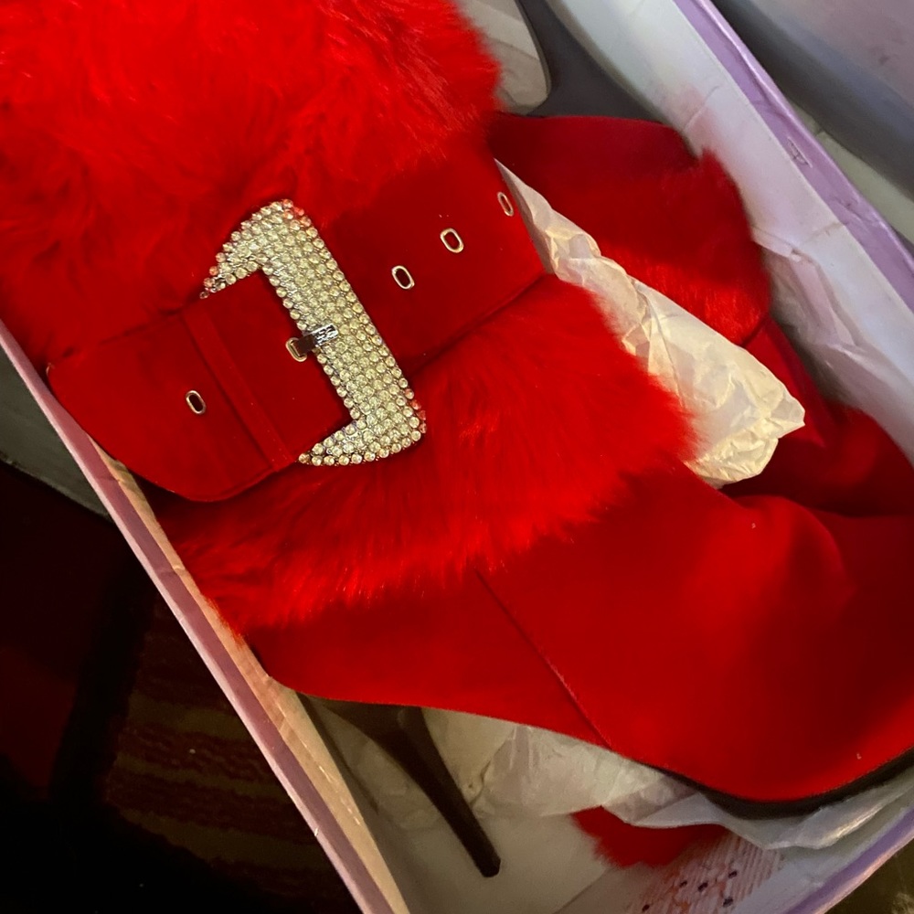 Red furry stiletto boots